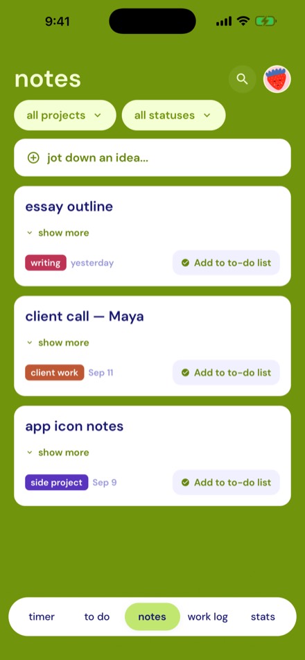 Notes, filed by project and status