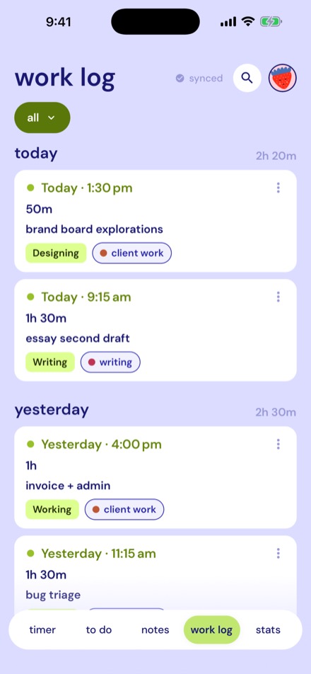 The work log, listing finished sessions by day